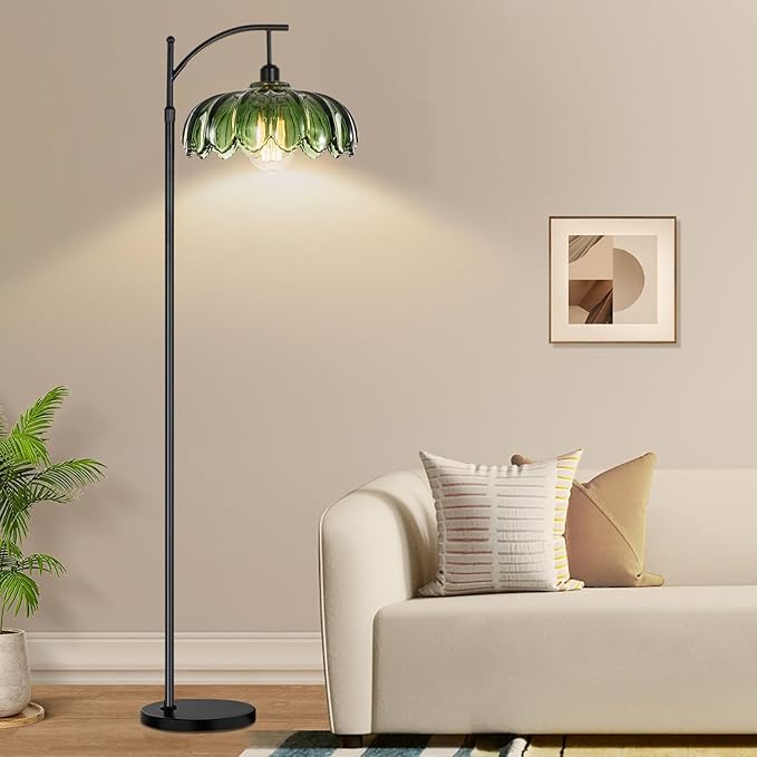 QIYIZM Gold Floor Lamp for Living Room,Bedroom,Standing Lamp with Remote Dimmable Brass Tall Lamp Vintage Retro Mid Century Modern Floor Lamps Arc Green Glass Flower Lamp Floor Light Boho Bohemian
