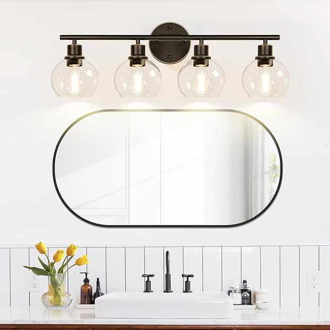 Indoi 4-Light Bathroom Light Fixtures, Oil Rubbed Bronze Bathroom Lights Over Mirror with Clear Glass Globe Shade, Vanity Lights for Bathroom Kitchen Living Room Hallway Cabinet Bedroom Porch