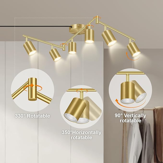 Plug in Track Lighting LED, Track Lighting Fixtures Ceiling, Gold 6-Light Kitchen Light Kit, Plug in Wall Light with 14.8ft Power Cord, Rotatable Ceiling Spotlight for Bedroom(GU10 Socket, NO Bulb)