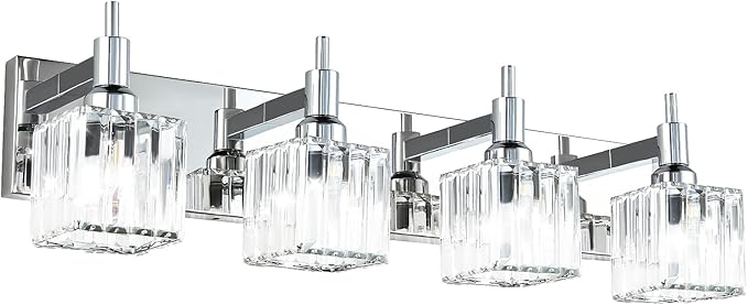 Modern Crystal Bathroom Vanity Light 4-Light Wall Light Fixtures Over Mirror Chrome Vanity Lighting for Bathroom Square Shade Wall Sconce