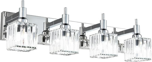 Modern Crystal Bathroom Vanity Light 4-Light Wall Light Fixtures Over Mirror Chrome Vanity Lighting for Bathroom Square Shade Wall Sconce