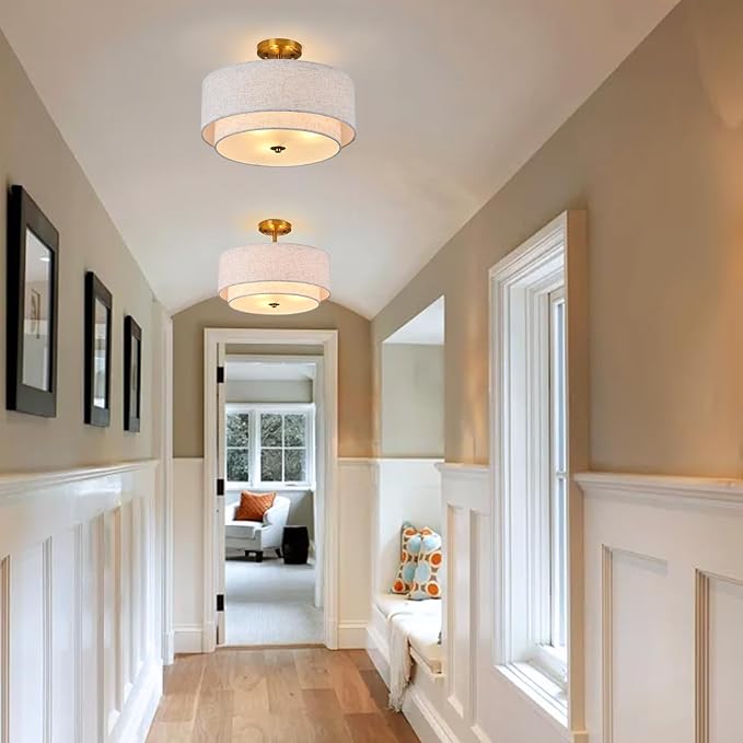 3-Light Semi Flush Mount Ceiling Light Fixture, 16" Gold Drum Light Fixture, Modern Close to Ceiling Light with 2-Laye Fabric Shade Lamps for Bedroom Living Dining Room Hallway Entryway Foyer