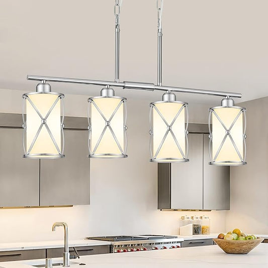 4-Light Kitchen Island Lighting, Linear Brushed Nickel Dining Room Light Fixtures with Milk Glass, Modern Industrial Chandelier Pendant Light for Kitchen Island Dining Room, CH9176BNW-4IS