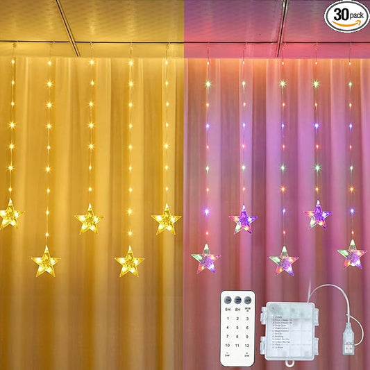 Star Curtain Lights Battery Powered, 10ft x 3.3ft Warm White & Multicolor Twinkle Fairy String Lights Curtain, Timer & IR Remote for Bedroom Backdrop Indoor Outdoor Christmas Party Decor