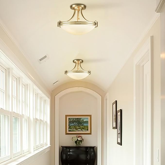 SAMTEEN Brushed Nickel Semi Flush Mount Ceiling Light Modern 3-Light White Glass Hallway Light Fixture Ceiling for Bedroom Living Room Kitchen, Bowl Shade