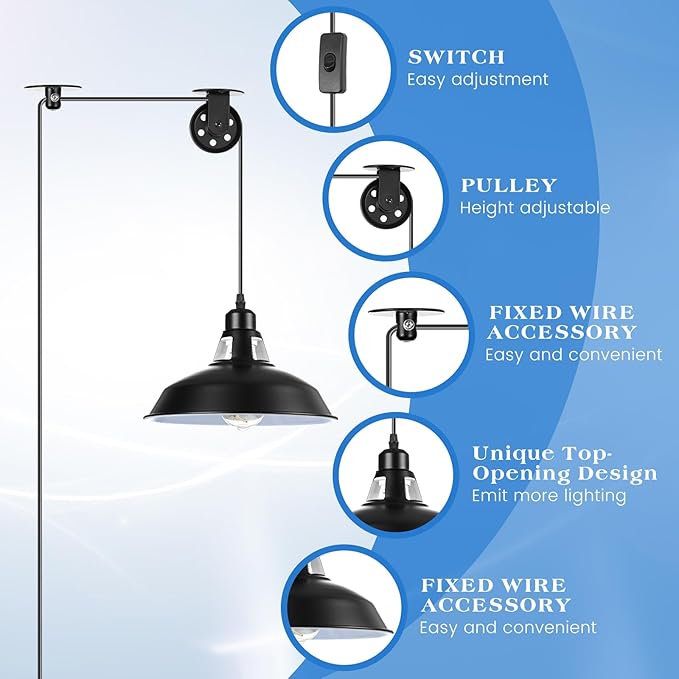 VIHOSE 4 Pcs Industrial Vintage Plug in Pendant Ceiling Light Hanging Lamp E26 E27 Hanging Light Fixtures with Plug in Cord 14.76ft Switch, Metal Adjustable Pulley Wall for Bedroom Restaurant Kitchen