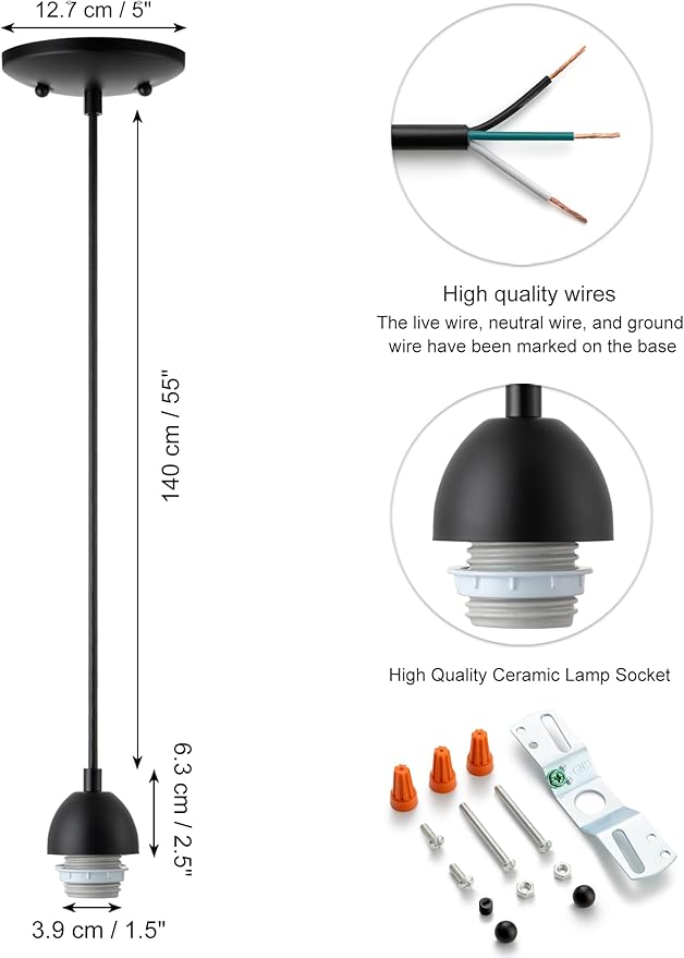Black Pendant Light Fixtures Kit, Mini Single Kitchen Island Lights, DIY Make Modern & Farmhouse & Industrial Pendant Lights for Yourself, Adjustable Height （Shade and Bulb Not Included）