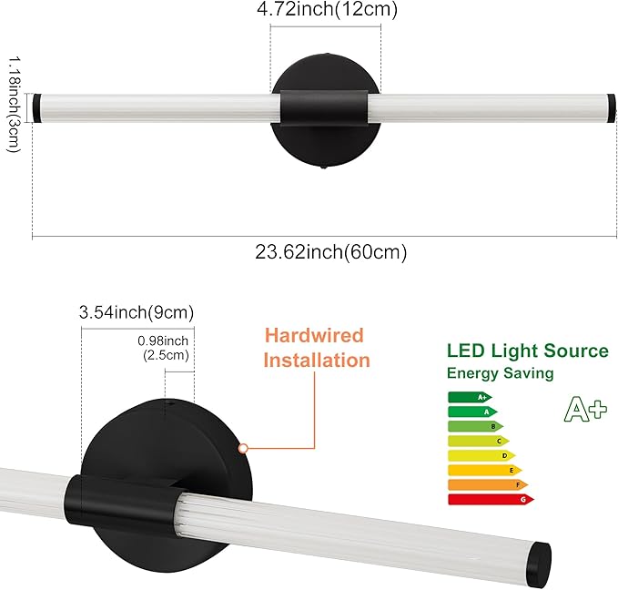 Dimmable LED Bathroom Vanity Lights 360° Full Lighting Bathroom Light Fixtures Over Mirror Vanity Light Bar Modern Wall Sconce 4000K Natural White Light for Home Hardwired, Black, 24 inch