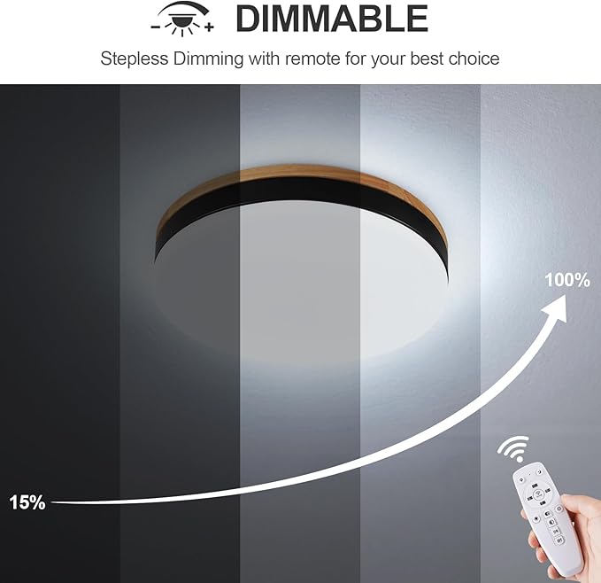 Dimmable Wood LED Flush Mount Ceiling Light with Remote, 24W 3CCT 3000K-6500K Adjustable Close to Ceiling Light Fixture, 11.8inch Black Round Ceiling Lamp for Kitchen, Bedroom, Living Room