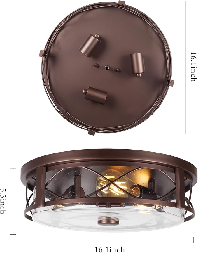 16 Inch Large Flush Mount Ceiling Light with Seeded Glass, 3-Light Bronze Round Ceiling Lamp, Modern Farmhouse Indoor Outdoor Ceiling Lighting for Kitchen Bedroom Living Dining Room