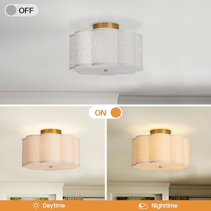 3-Light Flush Mount Ceiling Light,12.6inch Drum Ceiling Light Fixture,Entryway Light Fixtures Ceiling Mount with Linen Fabric Shade, Flush Mount Light Fixture for Bedroom, Living Room