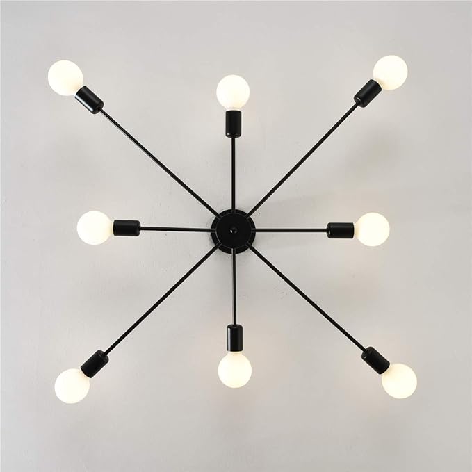 Garwarm 8-Light Sputnik Chandelier Black Industrial Semi Flush Mount Ceiling Light Fixture Mid Century Modern Pendant Light for Kitchen Farmhouse Living Room