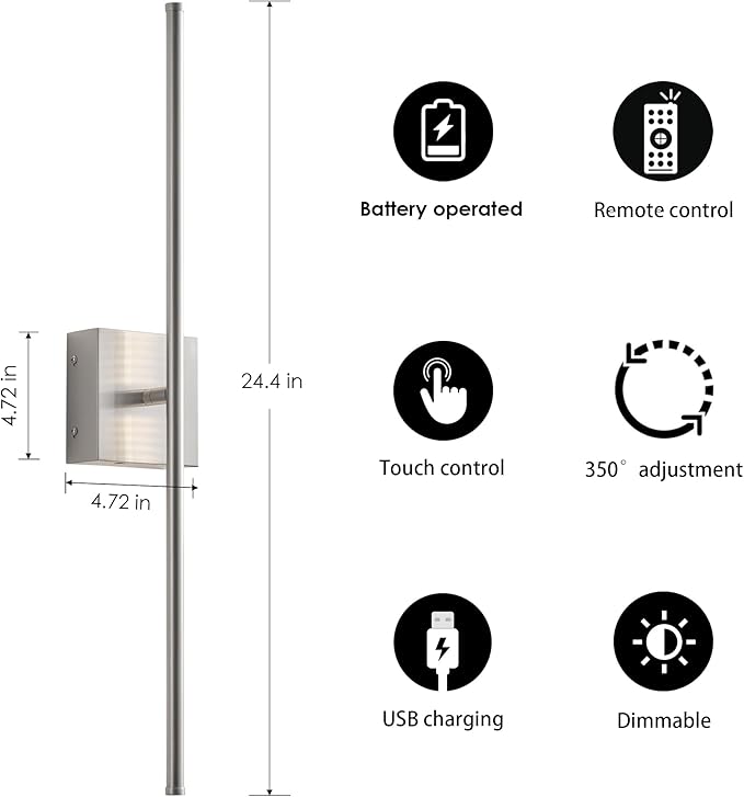 KARTOOSH Battery Operated Wall Sconces with Remote Control, Dimmable Wall Sconces Set of Two, 350°Rotate, 3000K LED Nickel Wireless Wall Light for Living Room, Hallway, Bedroom, 24.4 Inch (2 Pack)