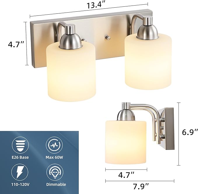 Mecgirn Stainless Steel Milk Glass Vanity Lights for Bathroom, 2 Light Brushed Nickel Bathroom Light Fixtures Over Mirror, Ceramic E26 Sockets Wall Mounted