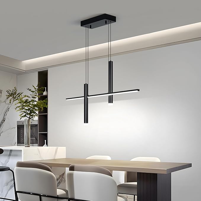 Modern LED Linear Pendant Light with Dual Spotlights Dimmable 6000K Pendant Lights Kitchen Island Plated Black Chandeliers for Dining Room Table Living Room Bedroom(L31.5in)