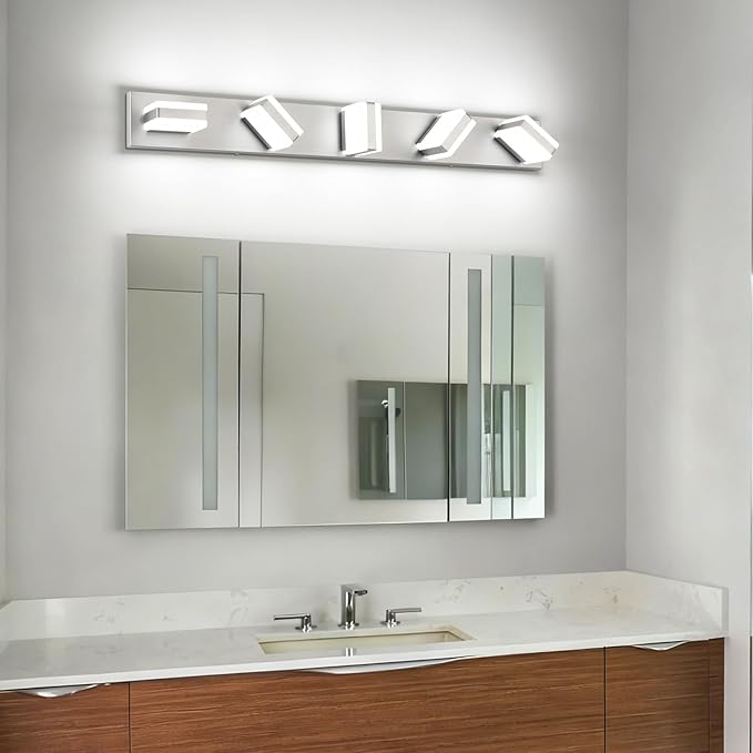 PRESDE 5-Light LED Bathroom Vanity Light Fixtures Brushed Nickel Modern Wall Lighting Over Mirror for Bathroom