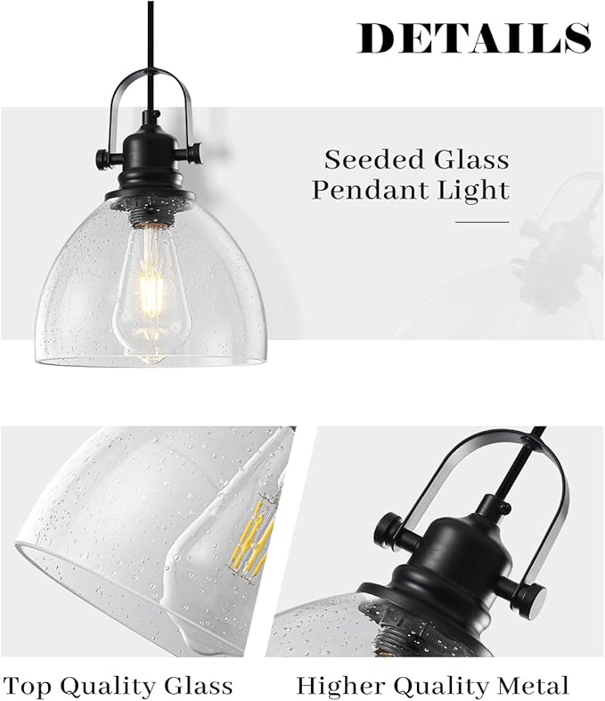 7.5" Seeded Glass Pendant Light 1 Pack, Vintage Hanging Kitchen Lights, Black Glass Pendant Lighting for Kitchen Island, Dining Room, Bar, Cafe