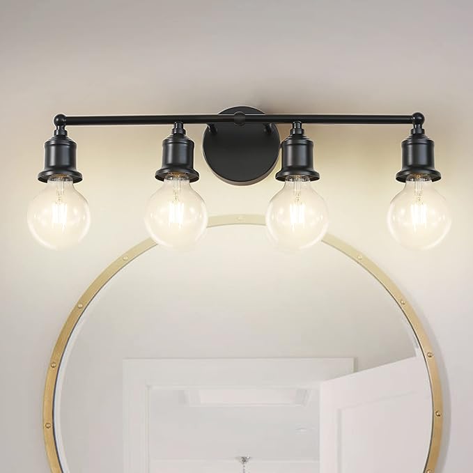 4-Light Vanity Light Fixture, Industrial Black Wall Sconce Lighting Fixture, Farmhouse Bathroom Wall Light, Vintage E26 Base Wall Lamp for Mirror Cabinet(Bulb Not Included)