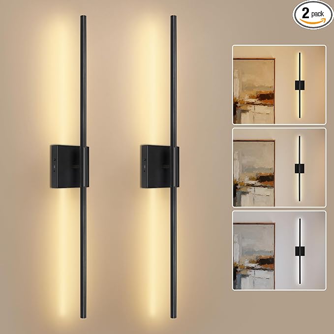 Battery Operated Wall Sconces Set of Two - Wireless Rechargeable Wall Light with Remote - Black LED Wall Lamp Dimmable Modern Home Decor for Bedroom Living Room 31.5 Inch (2 Pack)