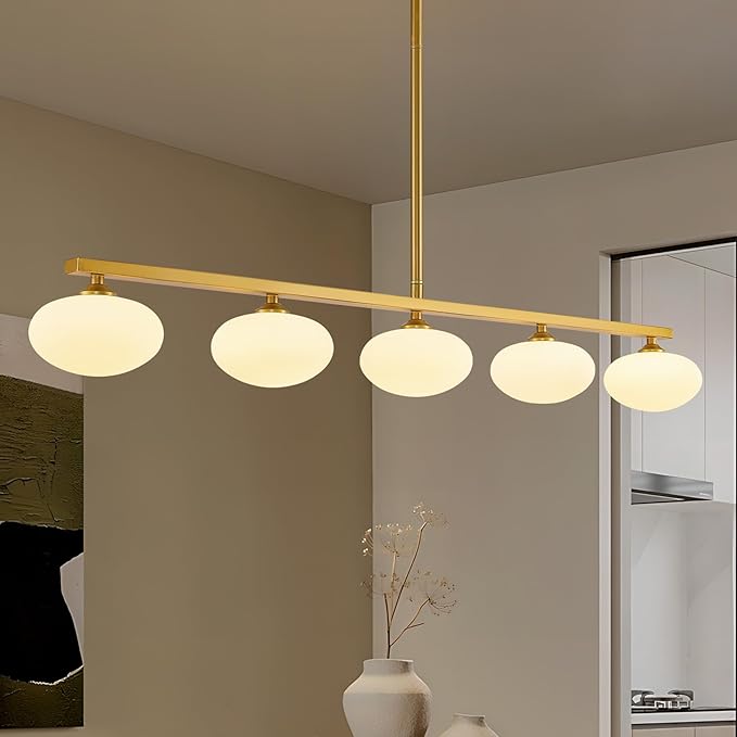 Gold Linear Chandelier, 5-Lights Kitchen Island Light, Dining Room Light Fixture Over Table, Mid Century Globe Chandelier