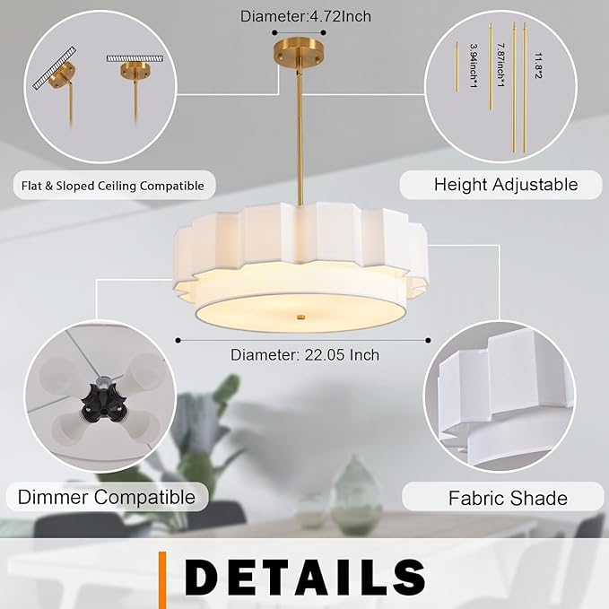 Boho Chandelier,22.05" Fabric Rattan Chandelier 4 Lights Coastal Pendant Light Adjustable Drum Large Pendant Lighting Fixtures for Dining Room