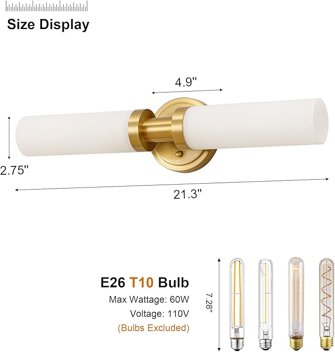 SANTOSTOCK Gold Bathroom Light Fixtures Modern Vanity Lights W/White Glass Shade, 2-Light Sconces Wall Lighting for Mirror Kitchen Bedroom Hallway, Brushed Brass Gold Wall Decor Wall Mount Lamp
