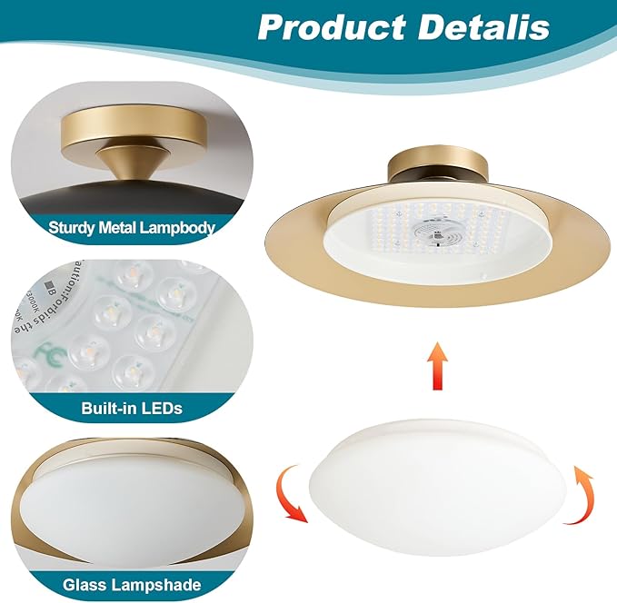 Dimmable Modern Semi Flush Mount Ceiling Light Fixture,Small Black and Gold LED Glass Shade Kitchen Ceiling Lights,5CCT In One Light Fxiture for Hallway Entryway Bedroom Laundry Room Foyer(15.75in)