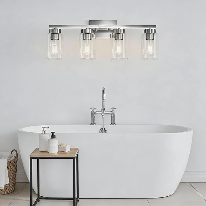 4-Light Bathroom Light Fixtures, Nickel Modern Vanity Lights Over Mirror, Bathroom Wall Sconces with Clear Glass Shade for Living Room Bedroom Hallway Cabinet Porch