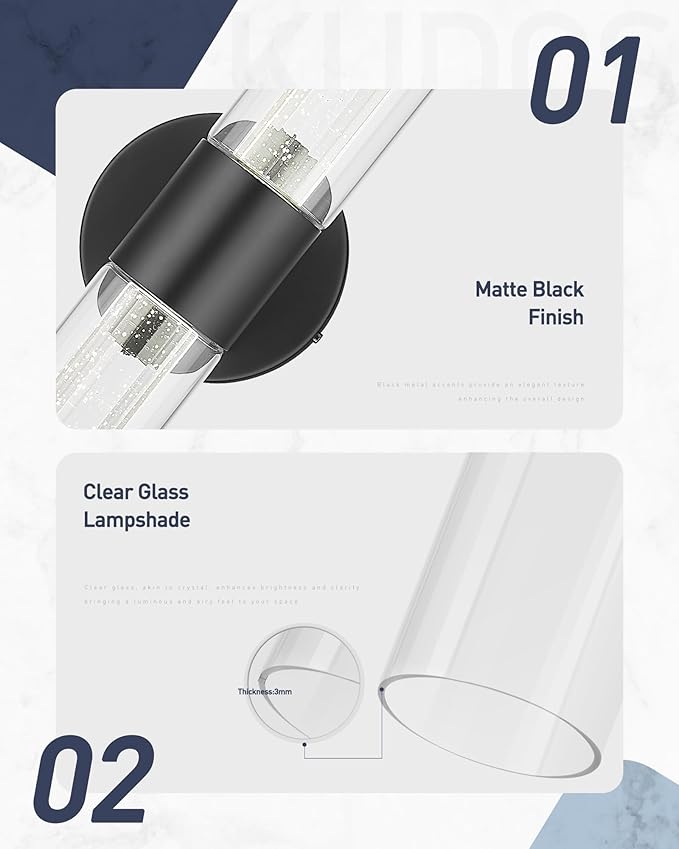 kudos Black Bathroom Sconces Wall Lighting, LED Wall Lights with Crystal Bubble and Clear Glass, 3000K/4500K/6000K Adjustable, KDVL05-BK-2