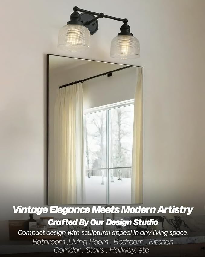 2-Light Vintage Wall Sconces,Double Black Bathroom Vanity Light with Clear Corrugated Glass Shade Hardwire Indoor Wall Sconce Lights Lamp for Bathroom Mirror Living Room Bedroom Kitchen