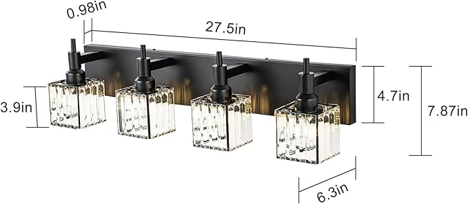Black Crystal Bathroom Vanity Light 4-Light Modern Bathroom Lighting Fixtures Over Mirror Black Wall Sconce with Square Shade