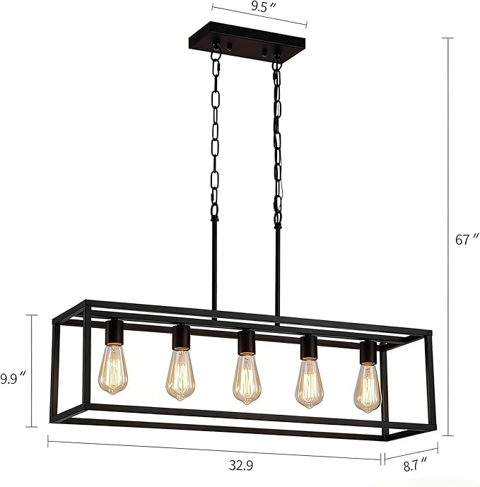 Black Dining Room Light Fixture,5 Light Rectangle Chandelier for Dining Room,Modern Farmhouse Light Fixture for Kitchen Island,Linear Light for Bedroom,Hallway,Foyer,Adjustable Height