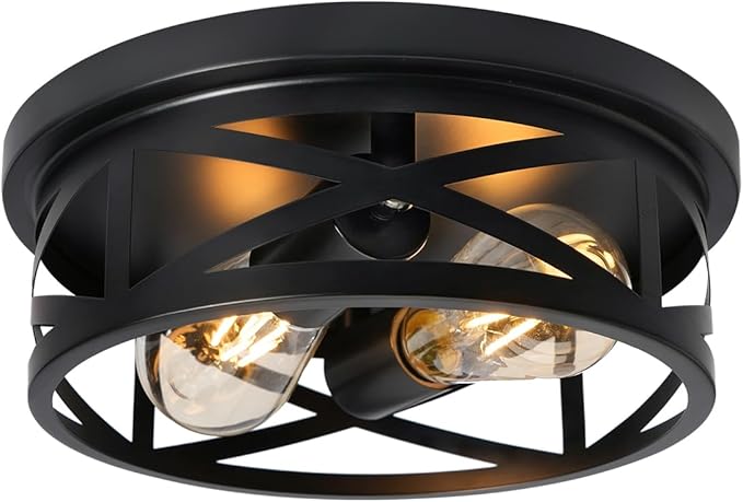 2-Light Flush Mount Ceiling Light Fixture, Farmhouse Ceiling Lights for Kitchen, Modern Black Close to Ceiling Light for Hallway Bedroom Balcony Porch Stairway, E26 (1 Pack)