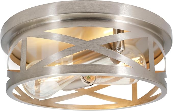 2-Light Flush Mount Ceiling Light Fixture, Farmhouse Ceiling Lights for Kitchen, Modern Black Close to Ceiling Light for Hallway Bedroom Balcony Porch Stairway, E26 (Silver, 1 Pack)