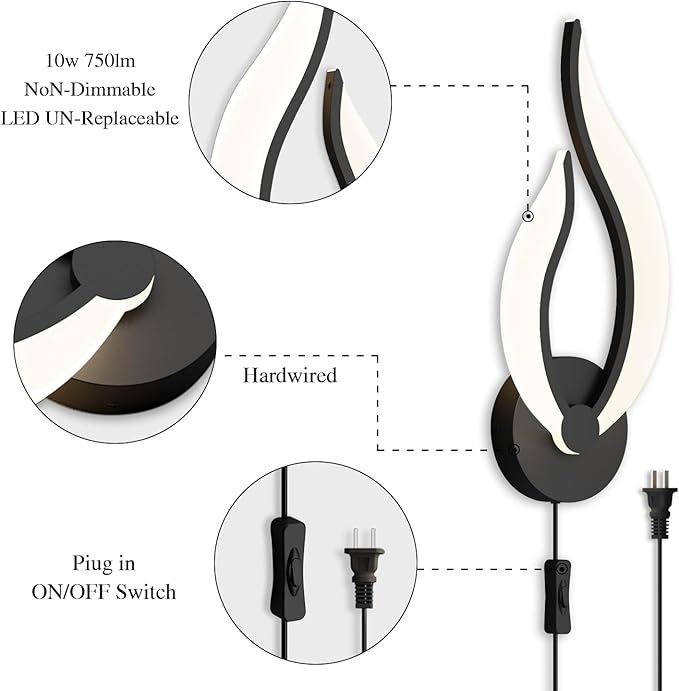 Modern LED Wall Lamps for Bedrooms Set of 2 Black Plug in Wall Light Fixtures 3000K 10Watt Wall Mounted Bedside Lamps 110V AC