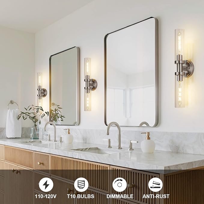 SANTOSTOCK Brushed Nickel 2-Light Bathroom Vanity Light Fixture, Modern Bathroom Sconces Wall Lighting W/Clear Glass Shade, Horizontal and Vertical Wall Mount Lamp for Mirror Hallway Kitchen