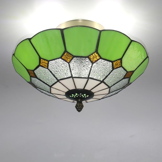 12 Inch Tiffany Style Vintage Stained Glass Ceiling Light Flush Mount Ceiling Light Pendent Chandelier Lighing Fixtures (12 Inch Green)