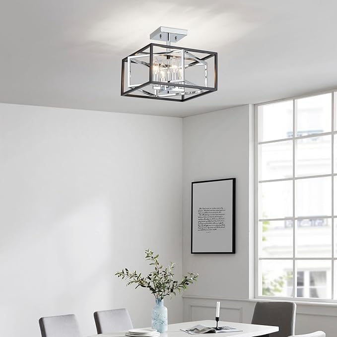 AGV LIGHTING CL055C Modern Semi-Flushmount Ceiling Light Fixture, Square Ceiling Light, E12 Base 4-Lights, L12 x W12 x H10, Matte Black & Chrome Finish