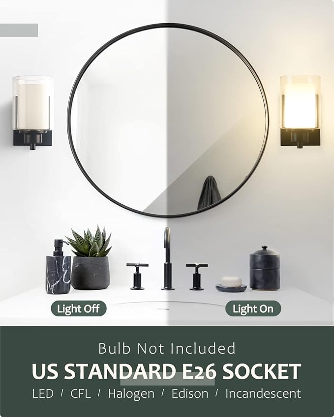 2 Pack Bath Vanity Light Fixtures 1-light, Indoor Black Wall Light with Dual Glass Shade, Farmhouse Bathroom Wall Scone, Vintage E26 Bese Wall mount Lighting for Porch Bedroom Entryway Stairs