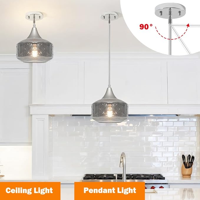 Modern Chrome Pendant Lights Kitchen Island, 9 Inch Smoke Grey Glass Pendant Light with Adjustable Hanging Rod, E26 Socket, for Kitchen Island Lighting, Bathroom, Hallway & Entryway Home Decor