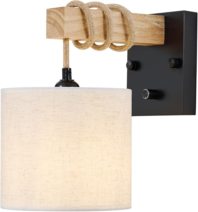 Boho Wall Sconces, Hardwired Farmhouse Fabric Wall Lamps with Wooden Arm & On/Off Dimmable Switch,Rustic Indoor Wall Mount Light Fixtures for Bedroom Nursery Living Room Bathroom