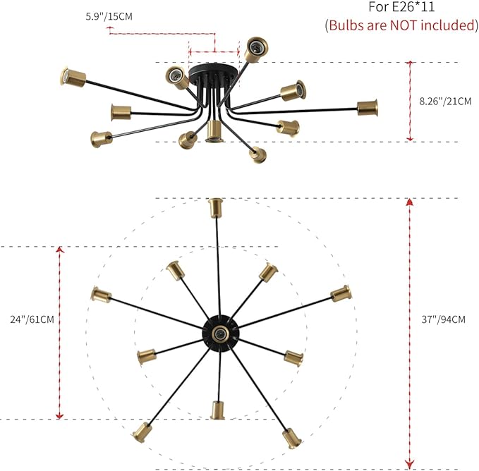 11-Lights Black and Gold Large Sputnik Ceiling Light Fixture,Modern Metal Semi Flush Mount Chandelier for Living Room Bedroom Office Dining Room Kitchen