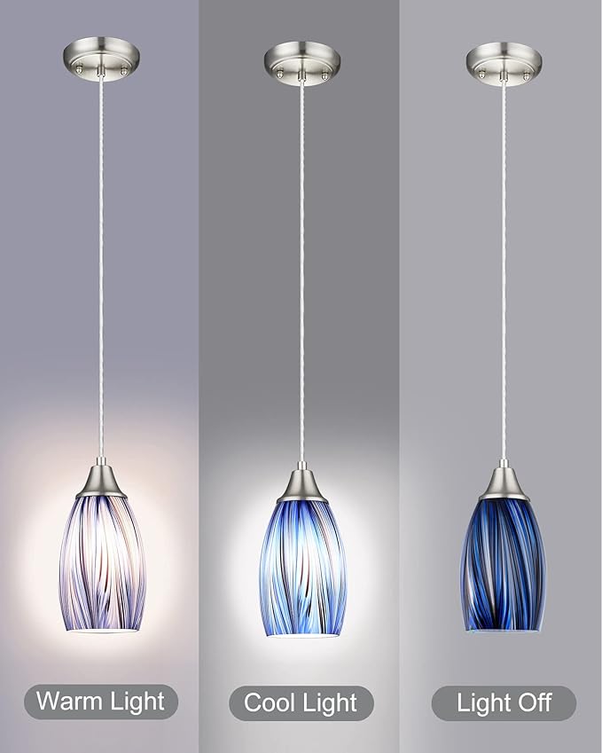 karyfine Mini Art Glass Dark Blue Pendant Lights Kitchen Island Hand Blown Mini Glass Pendant Lights with Brush Nickel Finish Adjustable Cord for Kitchen Over Sink,Hallway,Dining Room,Stairsway