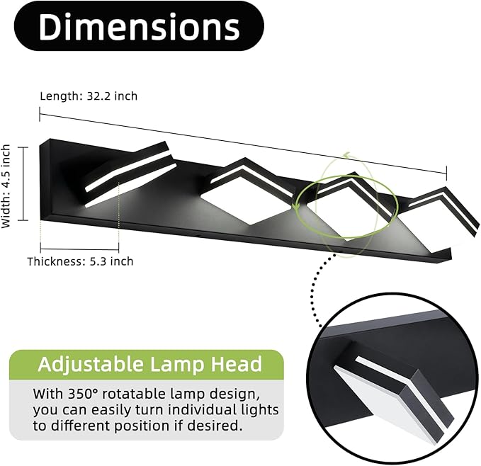 OKELI 4 Light Bathroom Vanity Light Matte Black Modern 32W LED Dimmable Vanity Light Over Mirror 350° Adjustable Lamp Head Cold White 6000K ETL Listed 30Inch