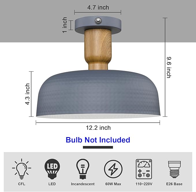 Darkaway Dusk to Dawn Industrial Semi Ceiling Light Fixtures, Flush Mount Indoor Outdoor Ceiling Light with Blue Hammered Metal Shade Outdoor Porch Foyer Entryway