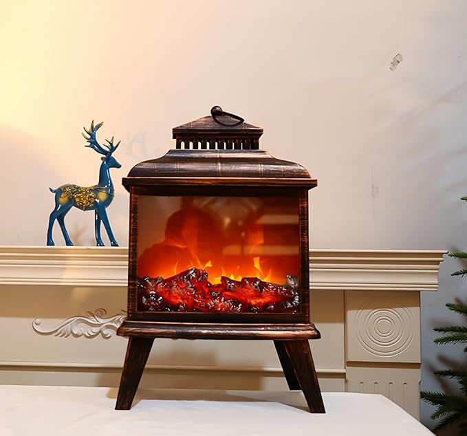 Simulated LED Fireplace Lantern USB & Battery Powered Flameless Light with Emulation Flame Table Decorative Lamp Copper Fireplace Ornament for Cozy Home Decor Free Standing Electric Log Burner