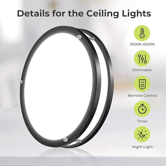 hepside Flush Mount LED Ceiling Light with Remote, Dimmable& 3000K-6500K Adjustable Ceiling Light Fixture, Timer, Night Light, 16 inch Black Ceiling Lamps for Kitchen Bathroom Bedroom Hallway