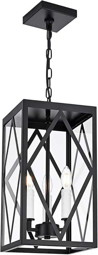 3 Lights Outdoor Pendant Light for Porch, Black & White Exterior Hanging Light Fixture with Clear Glass, Industrial Metal Cage Outside Chandelier Pendant for Porch Entryway Front Door Doorway
