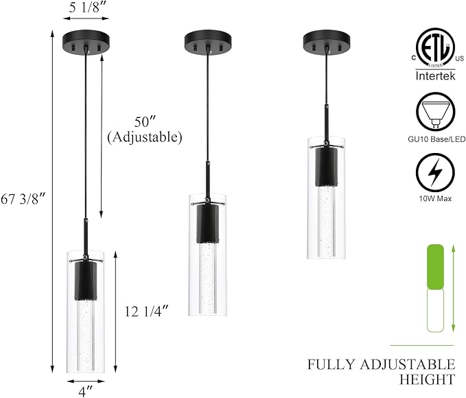 XiNBEi Lighting Pendant Light Fixtures, Black Pendant Lights Kitchen Island with LED Bulb & Bubble Crystal, Kitchen Hanging Lighting for Dining Table Hallway Bedroom Living Room XB-P1110-MB