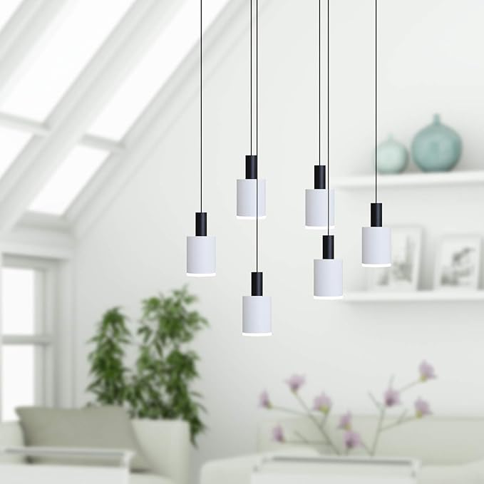 Virgo 6 Mini Pendant Lighting Black-White - LED Hanging Light Fixture for Kitchen Island, Bar, Foyer - Cluster Pendants - Dimmable, Adjustable Wire, Lamp Bulb Included